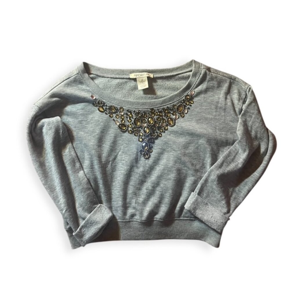 Arden B. Gray Jeweled Crop Top Sweater